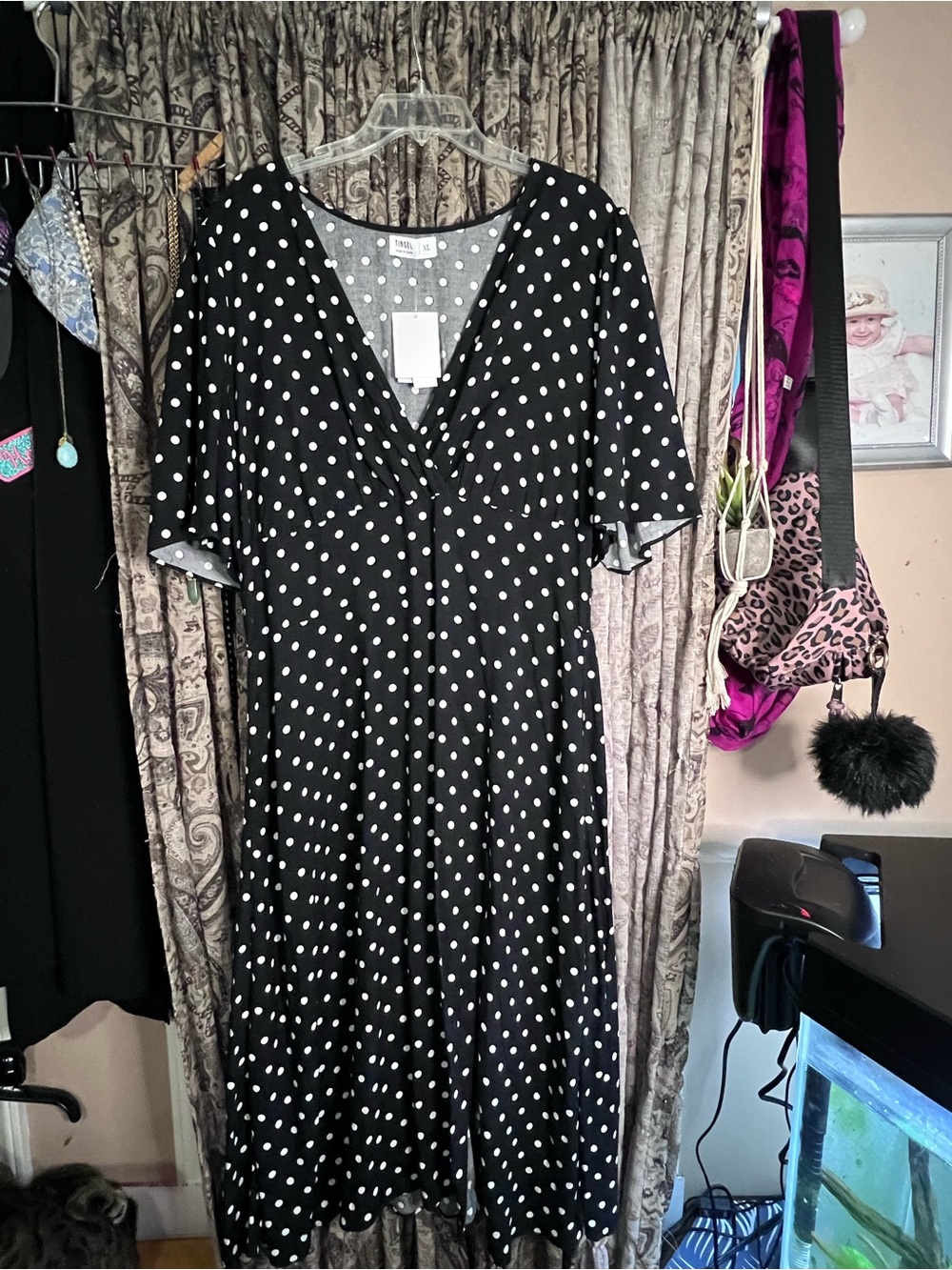 Tinsel Black and White Polka Dot V-Neck Midi Dress